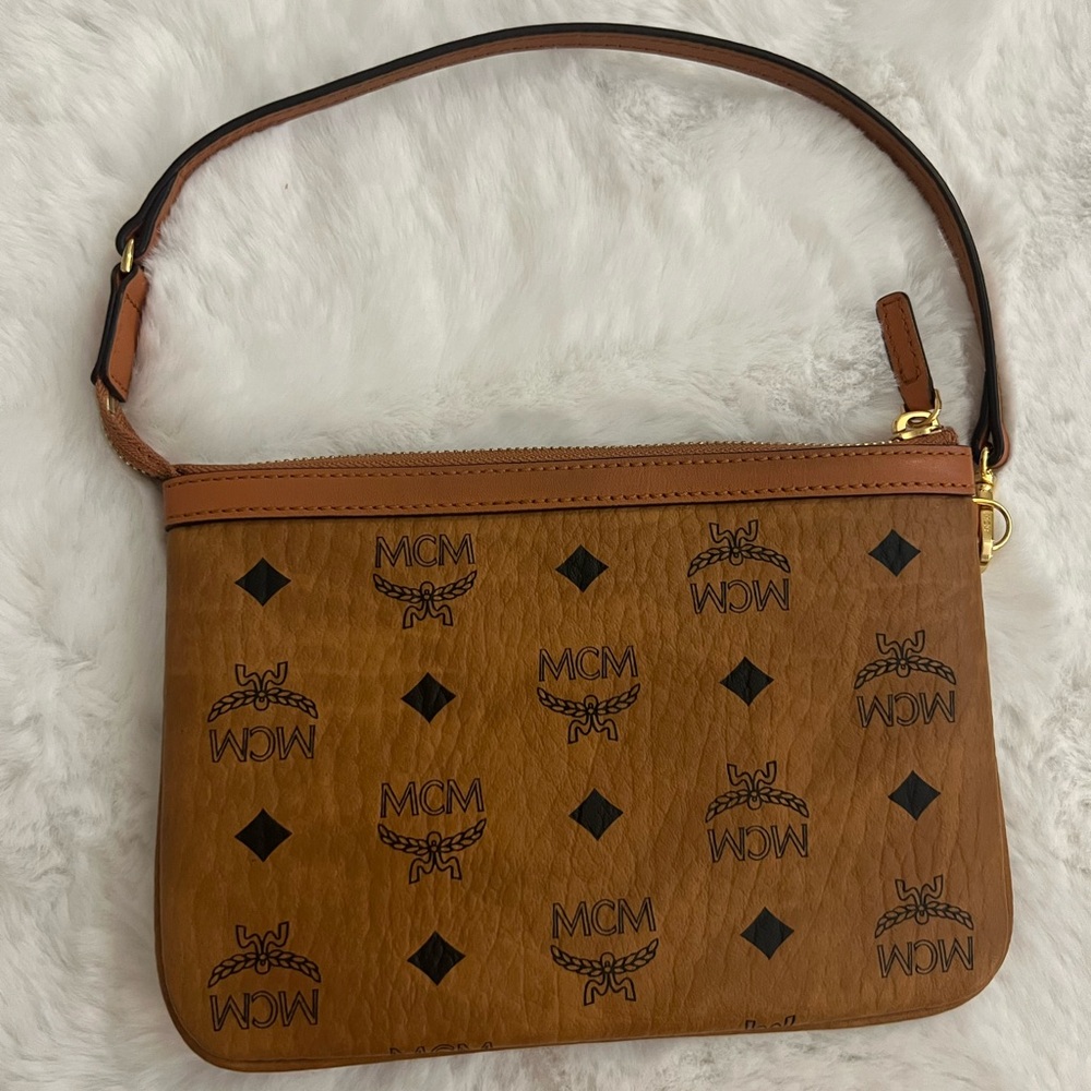 MCM Tan Leather Shoulder Bag with Black Accents